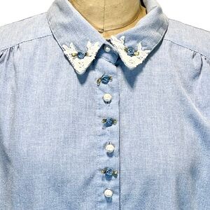 VINTAGE cottage crochet lace collar blouse short sleeve button down shirt‎ 80s